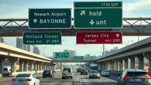 Highway signs guide navigation without GPS near Newark Airport.