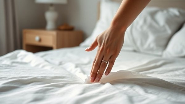 Changing white bedsheet in bedroom, close-up hands.