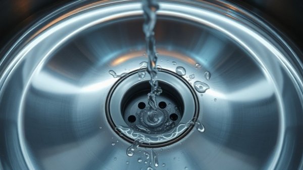 Close-up of water running into a kitchen sink drain.