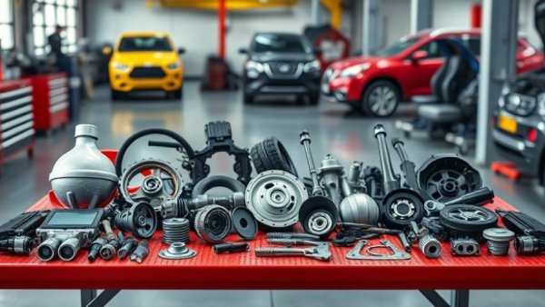 Auto repair car parts displayed in a modern garage setting.