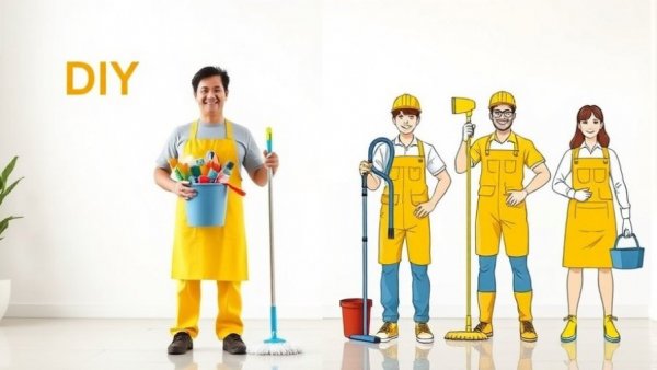 DIY vs Professional Cleaning comparison with tools and illustration.