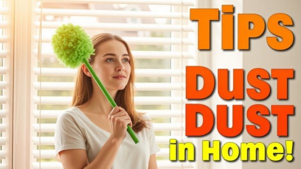 Dust in your home tips: Woman cleaning blinds with guide text.