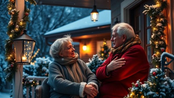Elderly couple deep listening on a snowy porch with festive lights.
