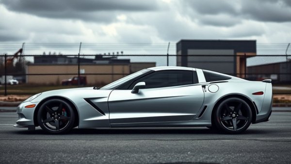 Sleek silver Corvette with 6.7-liter V-8 engine parked in industrial area.