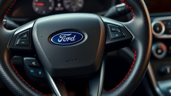 Ford vehicle steering wheel highlighting safety features and interior design.