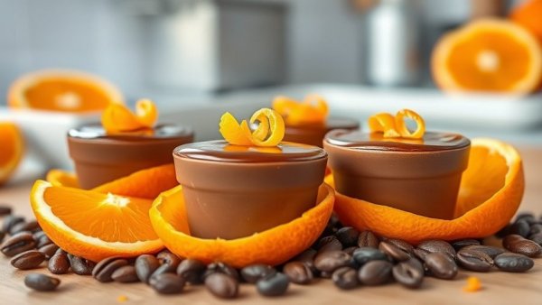 Orange Chocolate Cups with Organic Orange Extract in halved citrus peels.