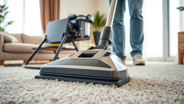 Professional carpet cleaning machine transforming beige carpet in modern room.