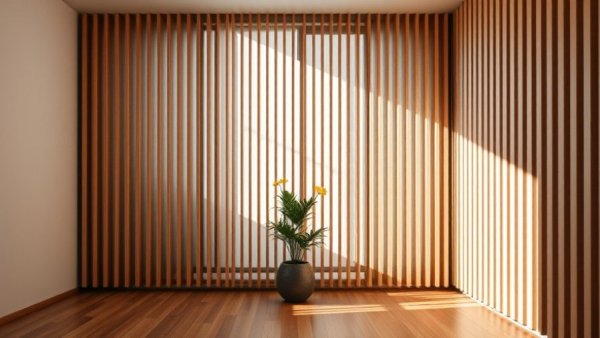 Modern room with sound absorption solutions using vertical wooden slats.