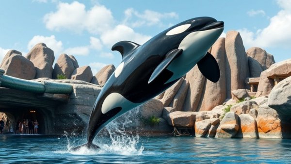 Orca leaping in a theme park pool with rocky landscape