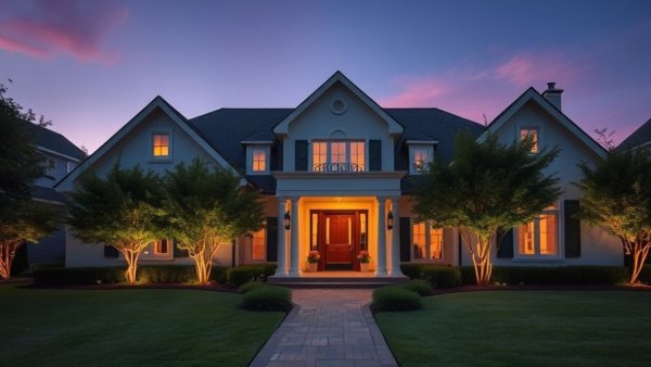 Elegant home with low-maintenance lawn ideas in twilight ambiance.