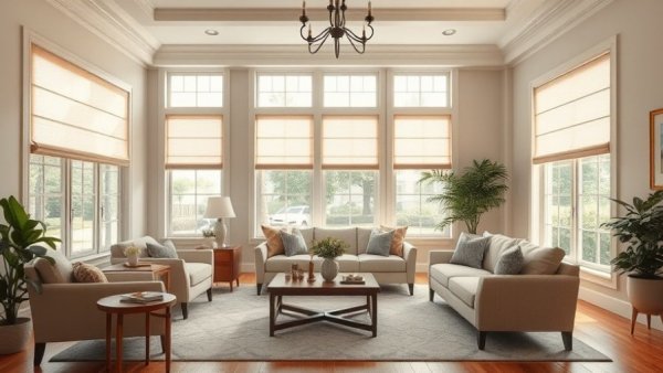 Elegant living room with energy efficient window treatments in Cincinnati.