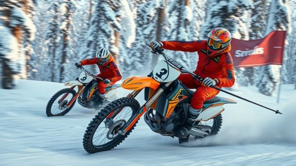 Motoskijöring event with motocross biker and skier racing on snow.