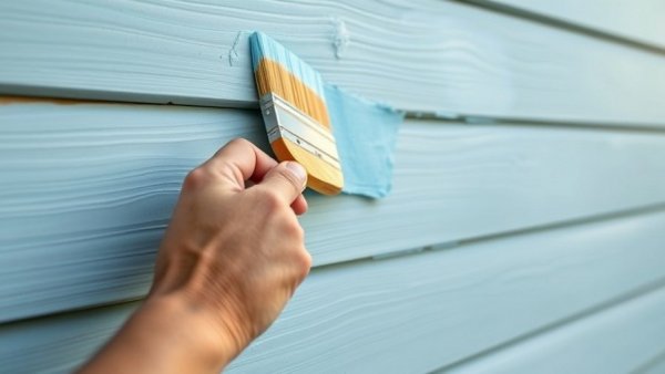 Hand painting home's exterior light blue, close-up photo.
