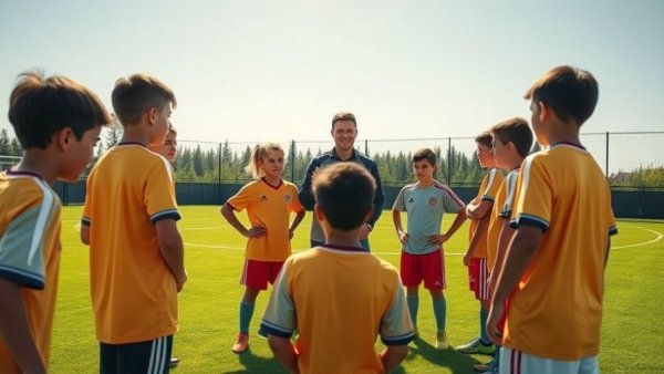 Youthful soccer coach with kids on a field, teaching and engaging.