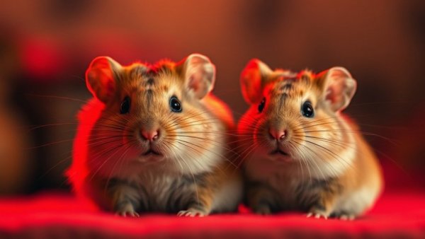 Adorable gerbils sitting together under warm lighting.