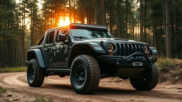 Affordable off-road sports car parked on a dirt path in a forest.