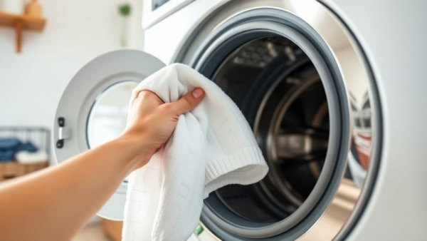 Hand placing towel in front-loading washer, washing towels in hot water.
