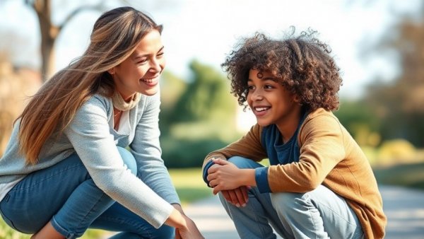 Young woman helping child transition outdoors, sunny supportive scene.