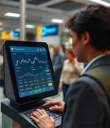 advanced processing terminal, intrigued, analyzing transaction data, photorealistic, busy airport lounge background with moving travelers, highly detailed, screen with data analytics animating, selective focus, cool grays, neutral ambient lighting, shot with a 70-200mm lens.