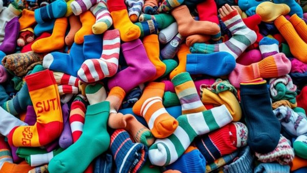 Vibrant collection of old socks illustrating uses for old socks.