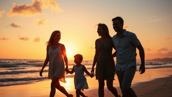 Family practicing gratitude on a sunset beach walk.