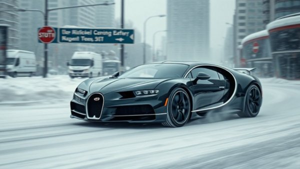 Bugatti Tourbillon winter testing on snowy urban road.