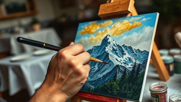 Close-up hands painting mountain landscape, DIY art transform your home.