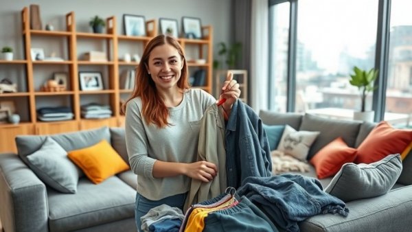 Young woman decluttering in a sunny living room, questions to ask when decluttering.