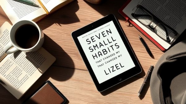 Cozy flat lay of book cover featuring easy habits and coffee.