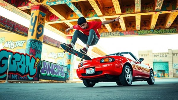 Skateboarder performs trick over NB-Gen Mazda Miata under bridge.