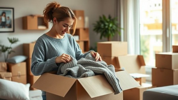 Organizing clutter-free home after holidays with a young woman packing.