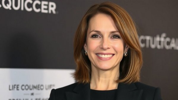 Savannah Guthrie health update smiling in formal attire against dark background.