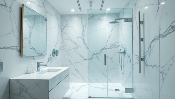 Pristine marble bathroom with glass shower showcasing bathroom cleaning mistakes.