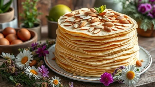 Decadent almond crepe cake recipe with layered details.