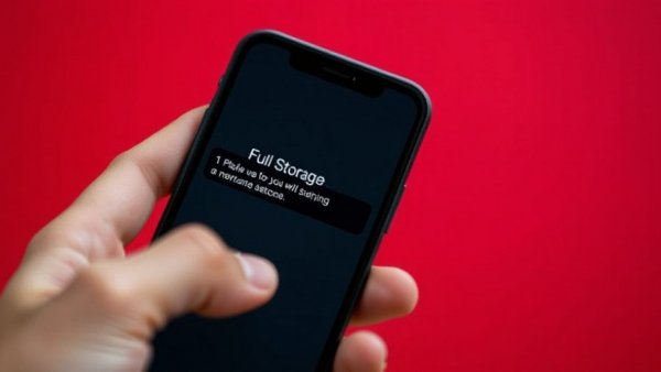 Close-up of smartphone storage full message, hand holding phone.