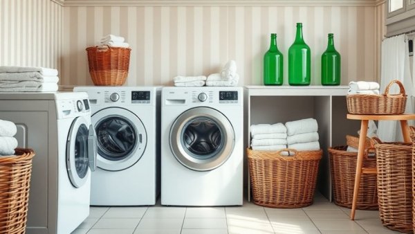 Neat laundry room setup demonstrating common laundry mistakes.