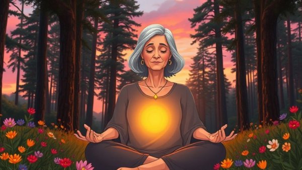 Serene woman meditating in forest, glowing heart, losing faith.
