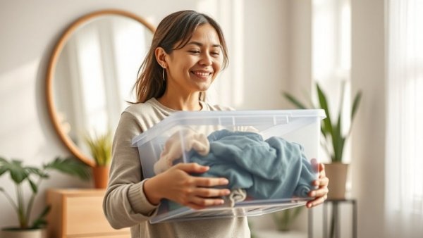 Person holding donation box for decluttering in cozy room.