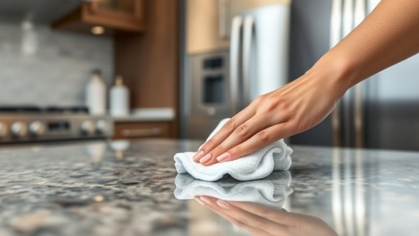 Hand cleaning countertop with wipe in modern kitchen
