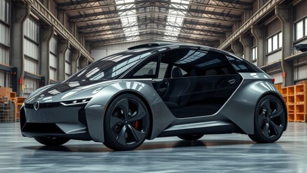 Futuristic autonomous vehicle showcasing automotive innovations indoors.