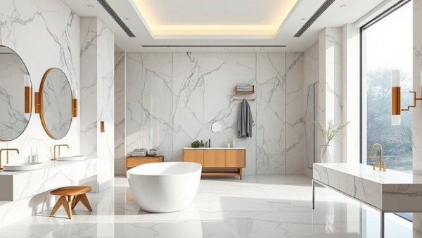 Luxurious modern bathroom renovation showcasing marble accents.