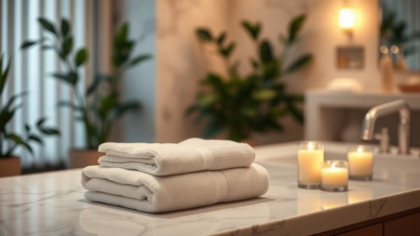 Peaceful home spa setup with candles and towels for a vacation at home.