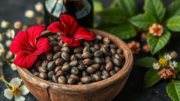 Vitex agnus-castus seeds and oil with flowers, rustic setting