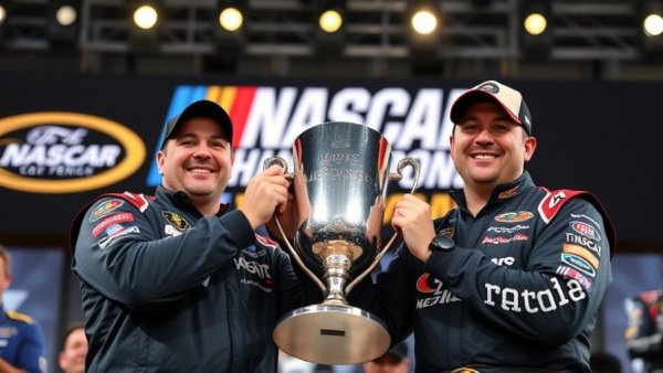 Celebration of NASCAR 10-Race Chase Format victory with trophy.