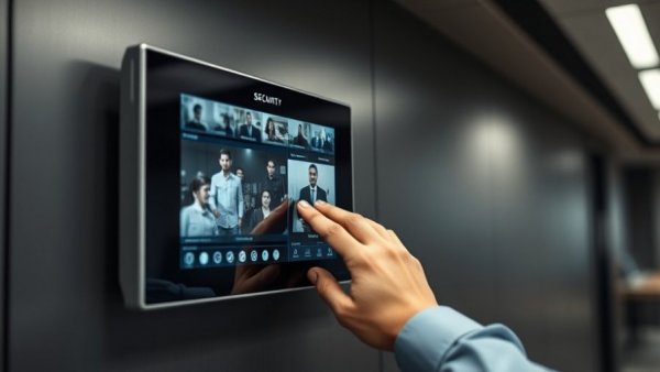 Hand using video doorbell display, modern home security, legal risks.