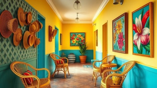 1940s Florida home design hallway with colorful decor and wicker chairs.