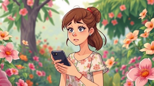 Woman with friendship anxiety symptoms holding phone in garden.