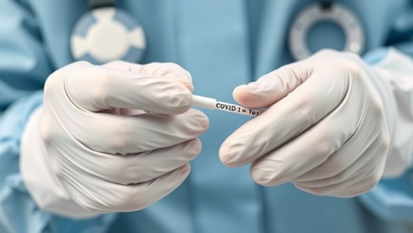 Healthcare worker with COVID-19 test swab in protective gear, emphasizes safety.