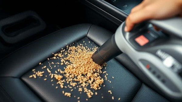 Vacuum cleaning crumbs from clean leather car seats in car