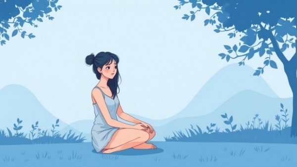 Mindfulness and trauma recovery illustrated with a serene cartoon woman.